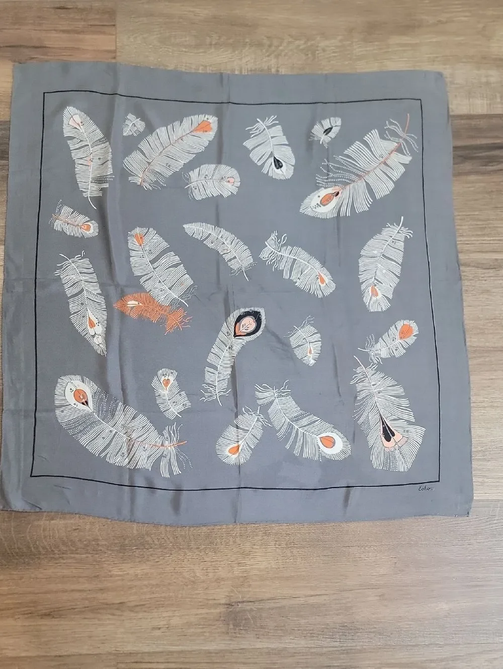 Echo Silk Feather Print Square Scarf in Gray and Peach 31